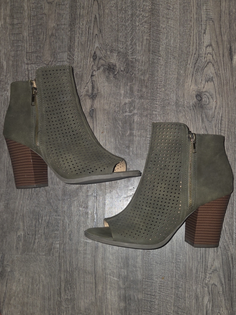 Brash Olive Green Perforated Peep-Toe Block Heel Ankle Booties